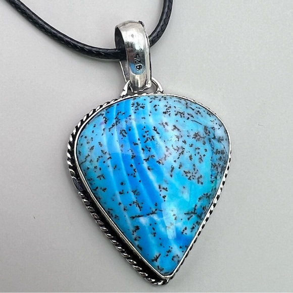 New Blue Dendritic Dendrite Opal Stone Sterling Silver Overlay Pendant Necklace - Picture 5 of 5